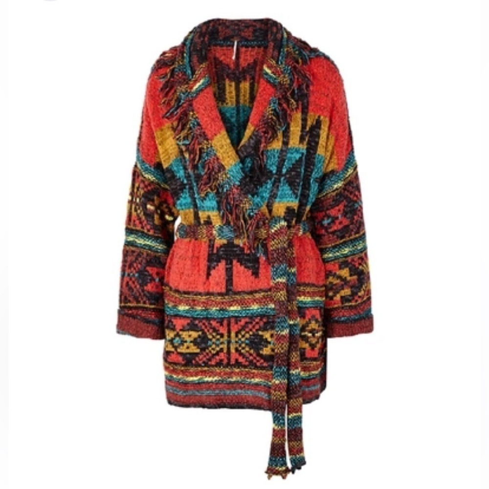 Free People Southwestern Cardigan Duster Jacket Fringe Aztec Size Medium large - Picture 4 of 15